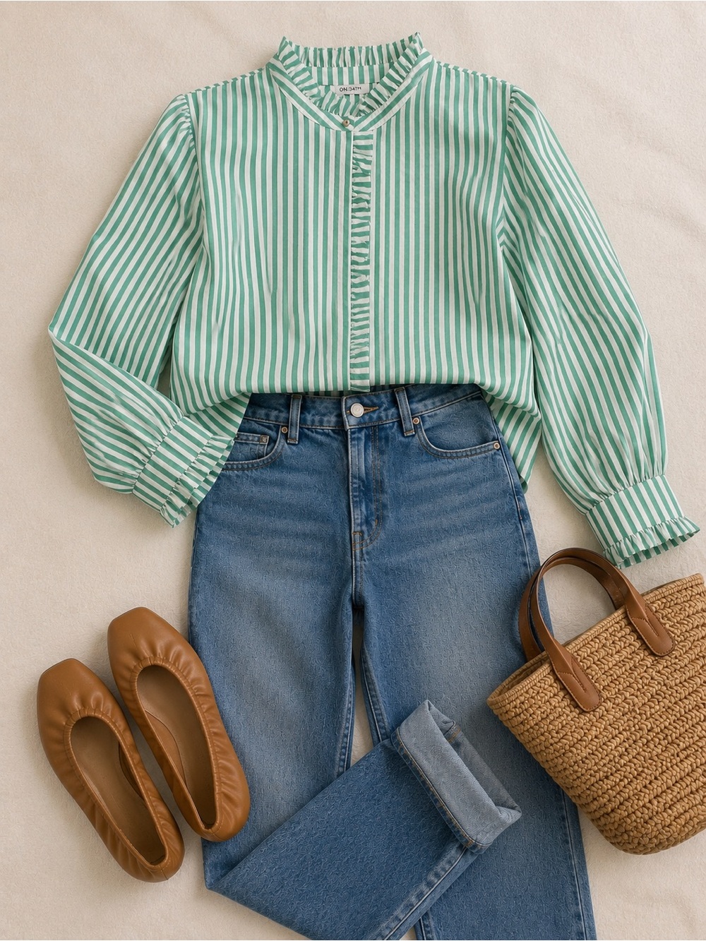 ON 34th Green White Striped Ruffle Cotton Blouse XL Puff Sleeve Top